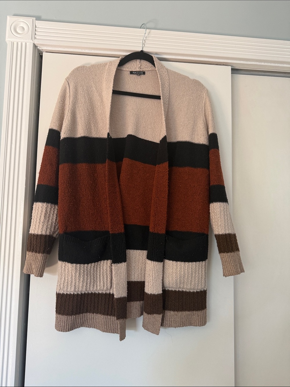 Cozy Striped Open-Front Cardigan Sweater - Beige Rust Black